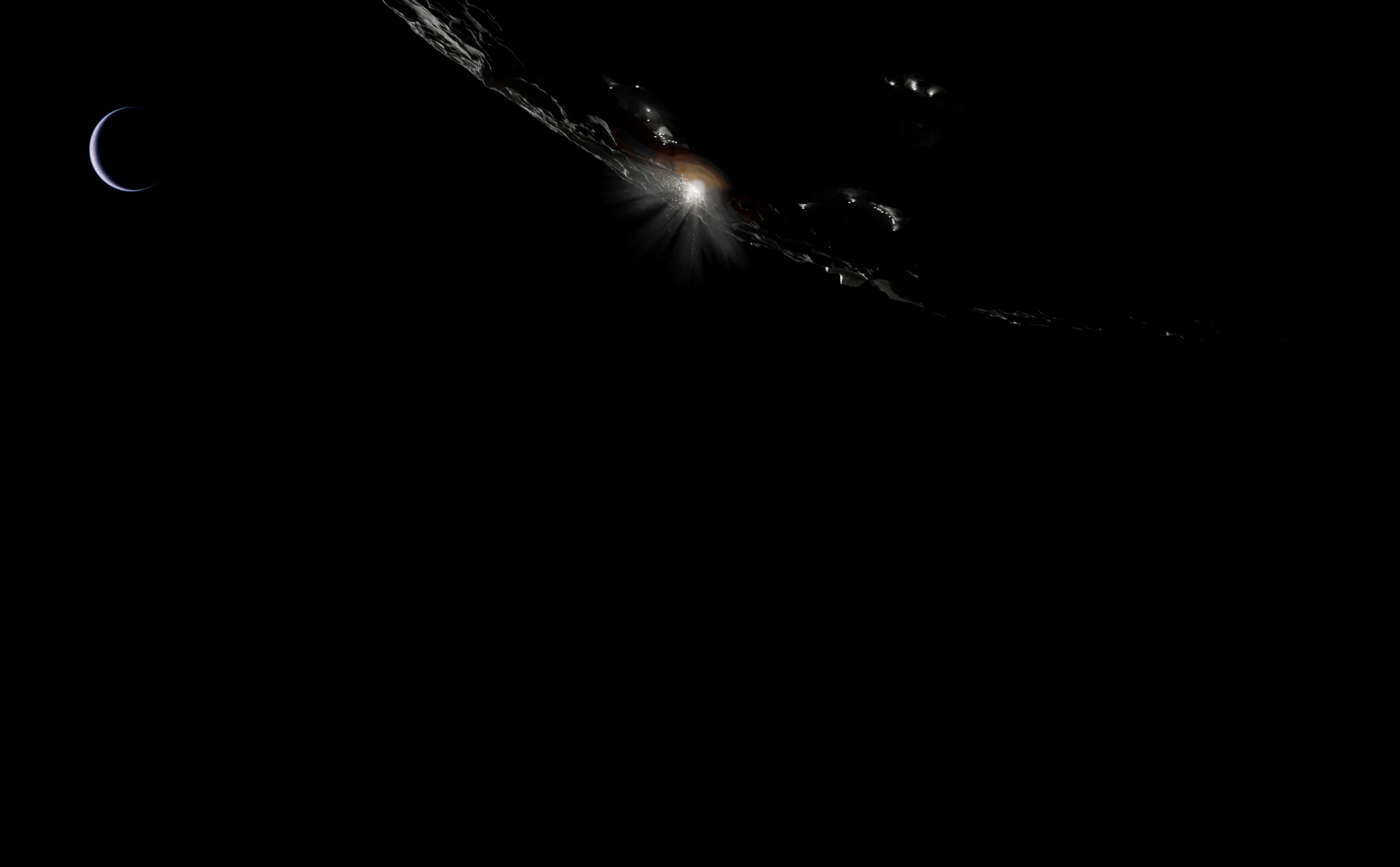 Oroff lunar impact concept render, with Earth beyond the lunar horizon
